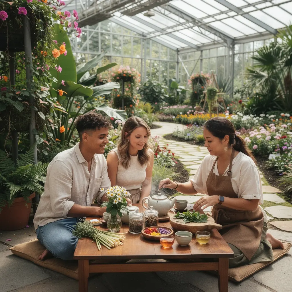 Šalica čaja s biljnim mješavinama postavljena na drvenom stolu uz cvijeće.