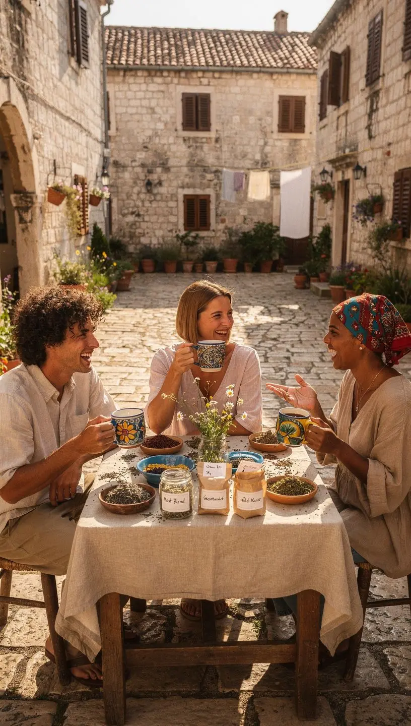 Mirišljavi čajevi posluženi na drvenom stolu u prirodi.