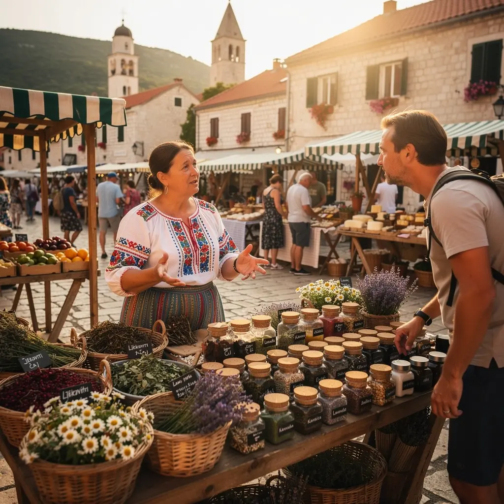 Osoba koja meditira uz šalicu čaja, okružena prirodom.